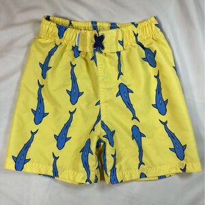 Rugged Butts Sunny Yellow Boys Swim Trunks with Blue Sharks